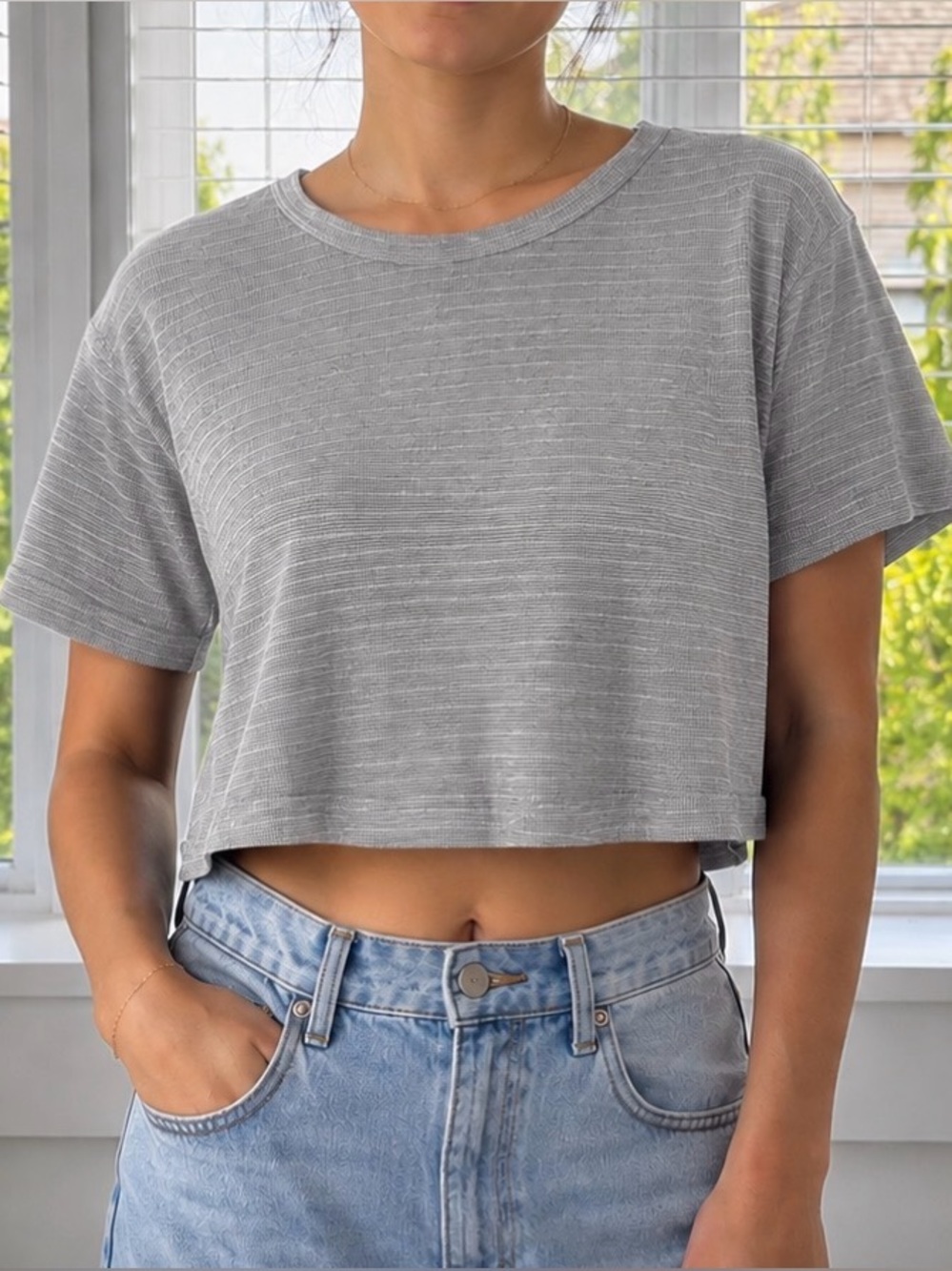 Brandy Melville Women's Grey Crop Tee - Casual Short Sleeve Top